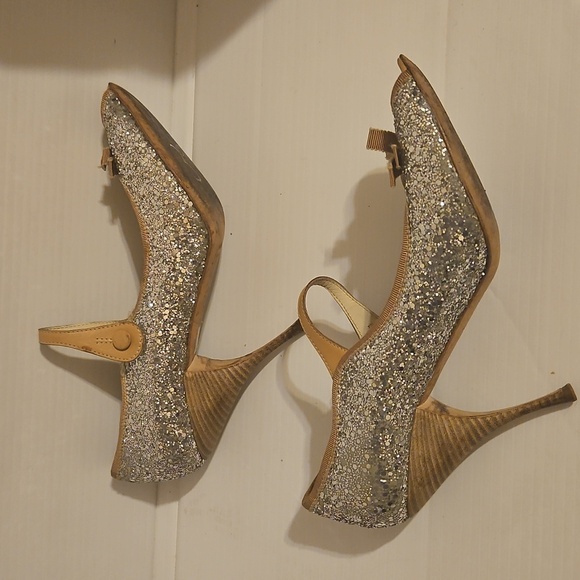 Miu Miu Silver Tan Glitter Mary Jane Open Toe Pumps Size 40 - Picture 5 of 12